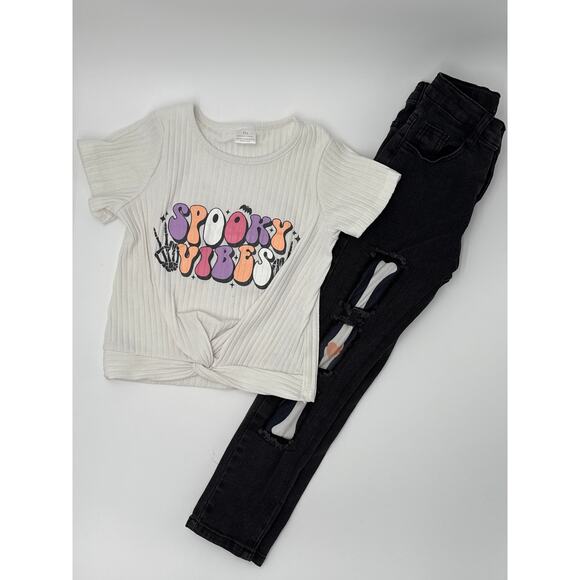 Sparkle in Pink | Girls 3X (8/9) | Spooky Vibes Tee & Distressed Denim Outfit - Picture 5 of 8